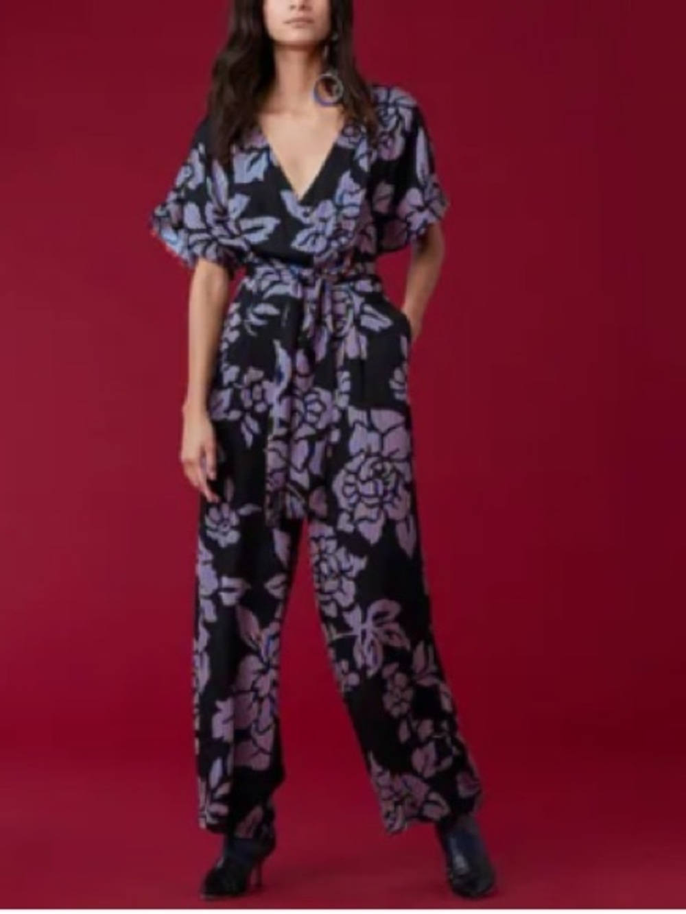 Diane Von Furstenberg Black Jumpsuit with Floral Print NWOT